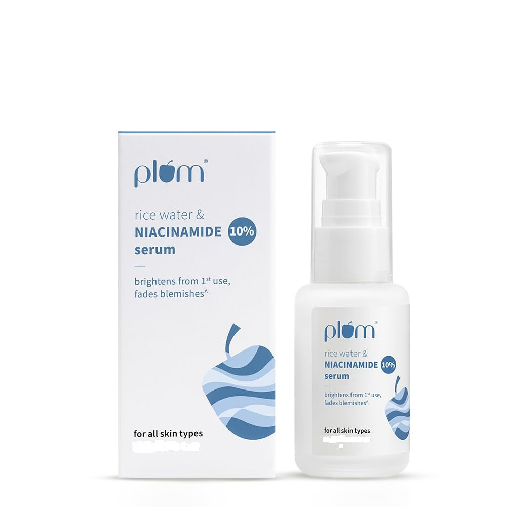 Plum 10% Niacinamide Serum with Rice Water | 10ml | Provides Clear, Glowing & Brightening Skin | Oil Control & Anti Acne Face Serum for Women & Men