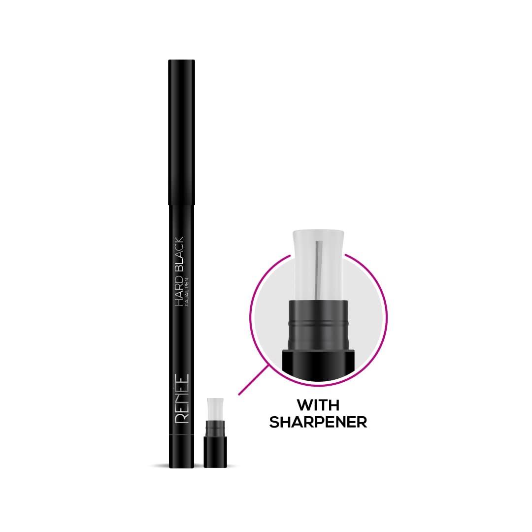 RENEE Hard Black Kajal Pen with Sharpener | 24 Hrs Stay Long Lasting Super Black Kajal Pencil | Matte Finish & Rich Color Payoff | Smudge & Water Proof | One Swipe Application Formula