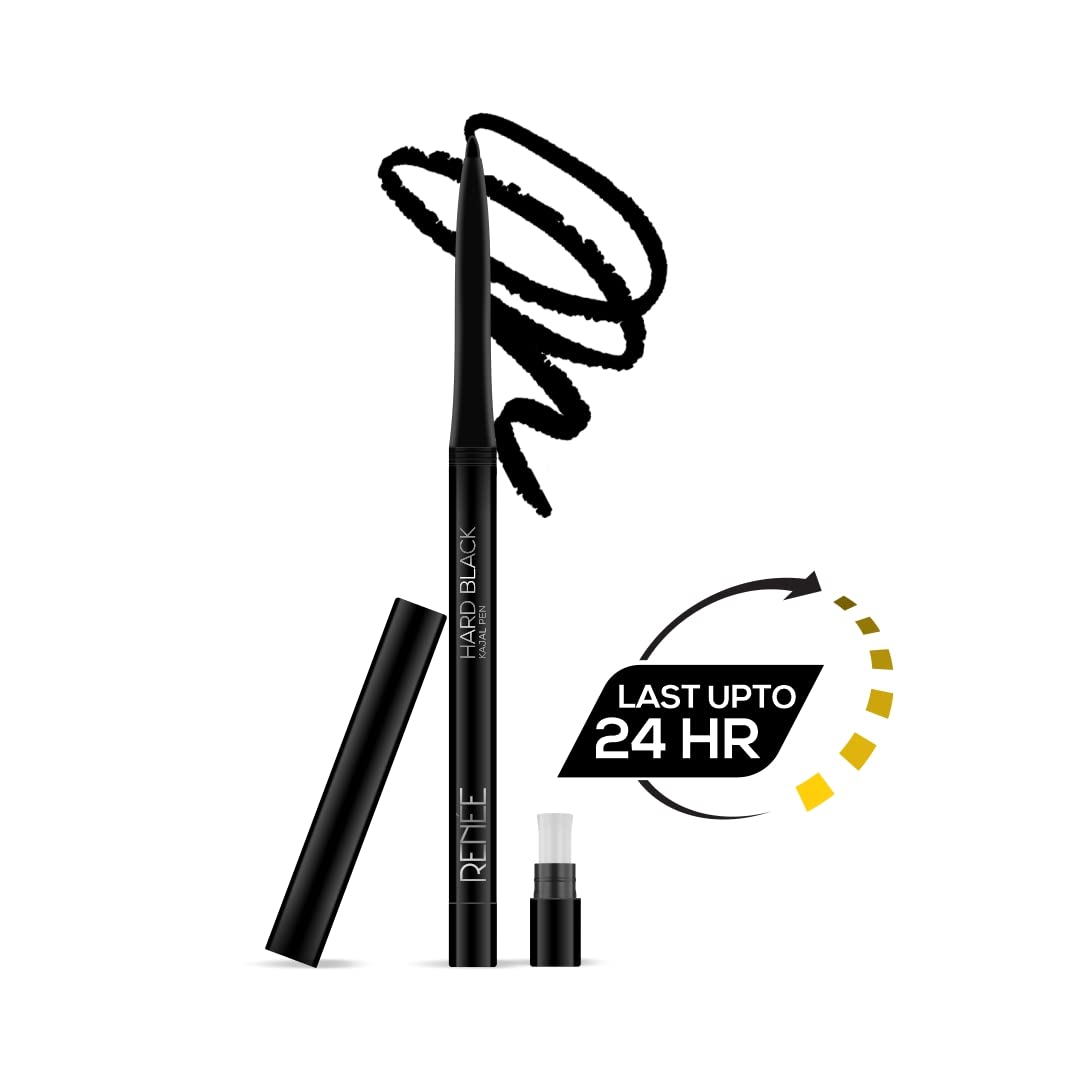 RENEE Hard Black Kajal Pen with Sharpener | 24 Hrs Stay Long Lasting Super Black Kajal Pencil | Matte Finish & Rich Color Payoff | Smudge & Water Proof | One Swipe Application Formula