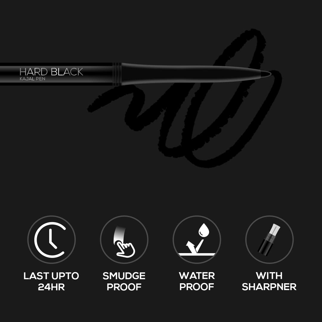 RENEE Hard Black Kajal Pen with Sharpener | 24 Hrs Stay Long Lasting Super Black Kajal Pencil | Matte Finish & Rich Color Payoff | Smudge & Water Proof | One Swipe Application Formula